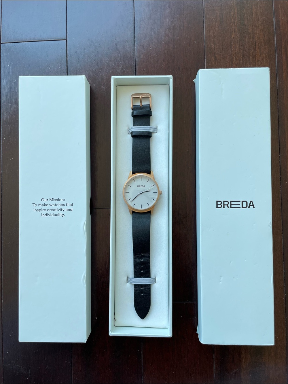 Men's BREDA Black Leather Strap Watch with Rose Gold Case